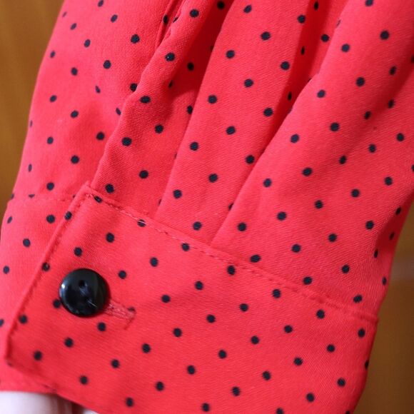 Notations Petite Red Black Polka Dot Mini Roll Tab Sleeve Button Down Blouse - Picture 7 of 15